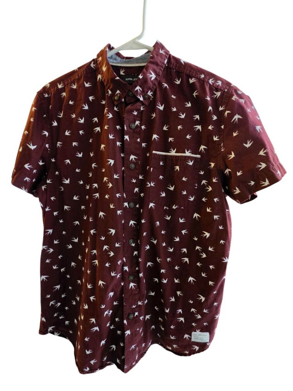 Adam Levine 222 Maroon Bird Print Short Sleeve Button Down Shirt Size M Hipster